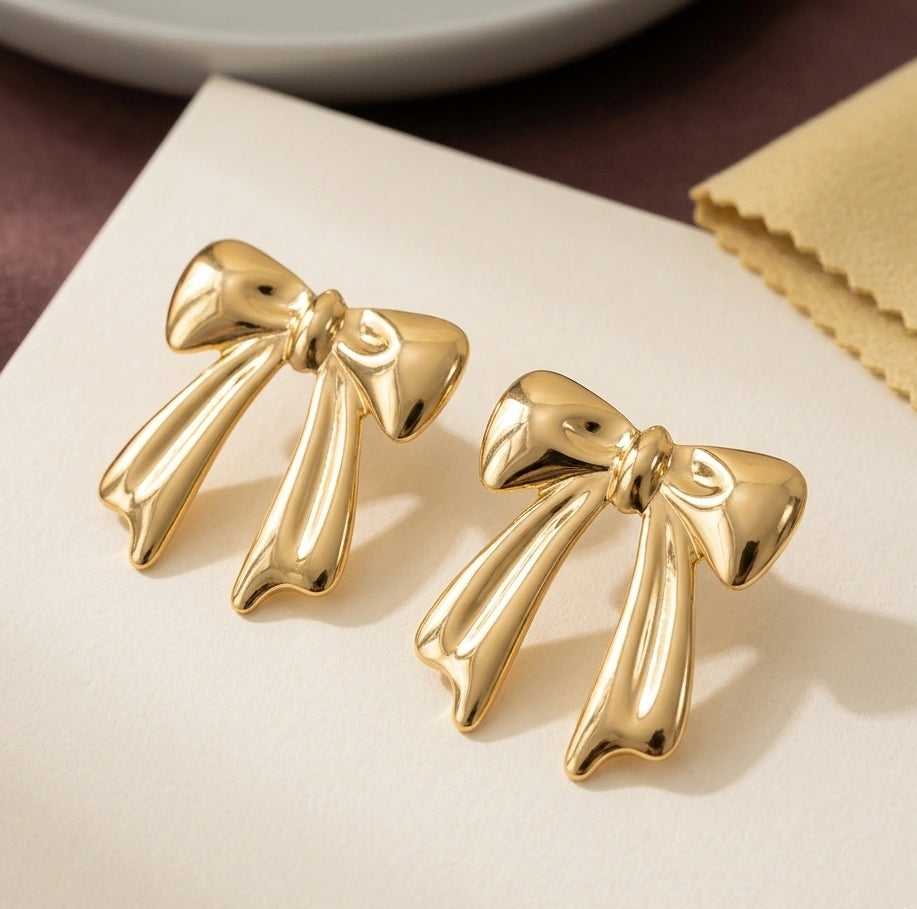 Gold Bow Stud Earrings for Women | Elegant Ribbon Fashion Jewelry