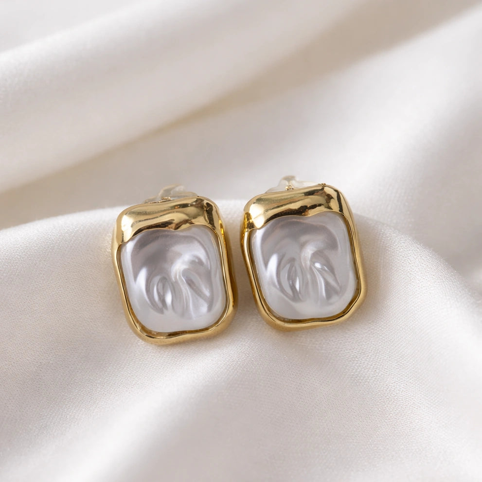 Baroque Pearl Earrings - Rectangular Gold Framed Vintage Studs for Women