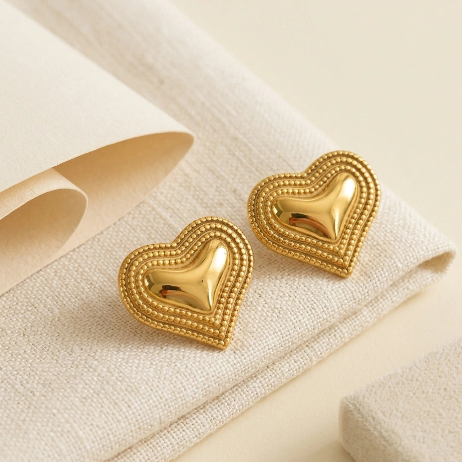 Chunky Gold Heart Stud Earrings | Vintage Statement Fashion Jewelry