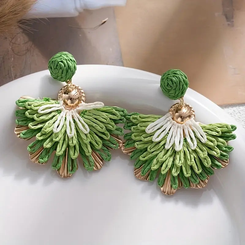 Boho Green Fringe Fan Statement Earrings - Tropical Tassel Drops