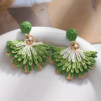 Boho Green Fringe Fan Statement Earrings - Tropical Tassel Drops