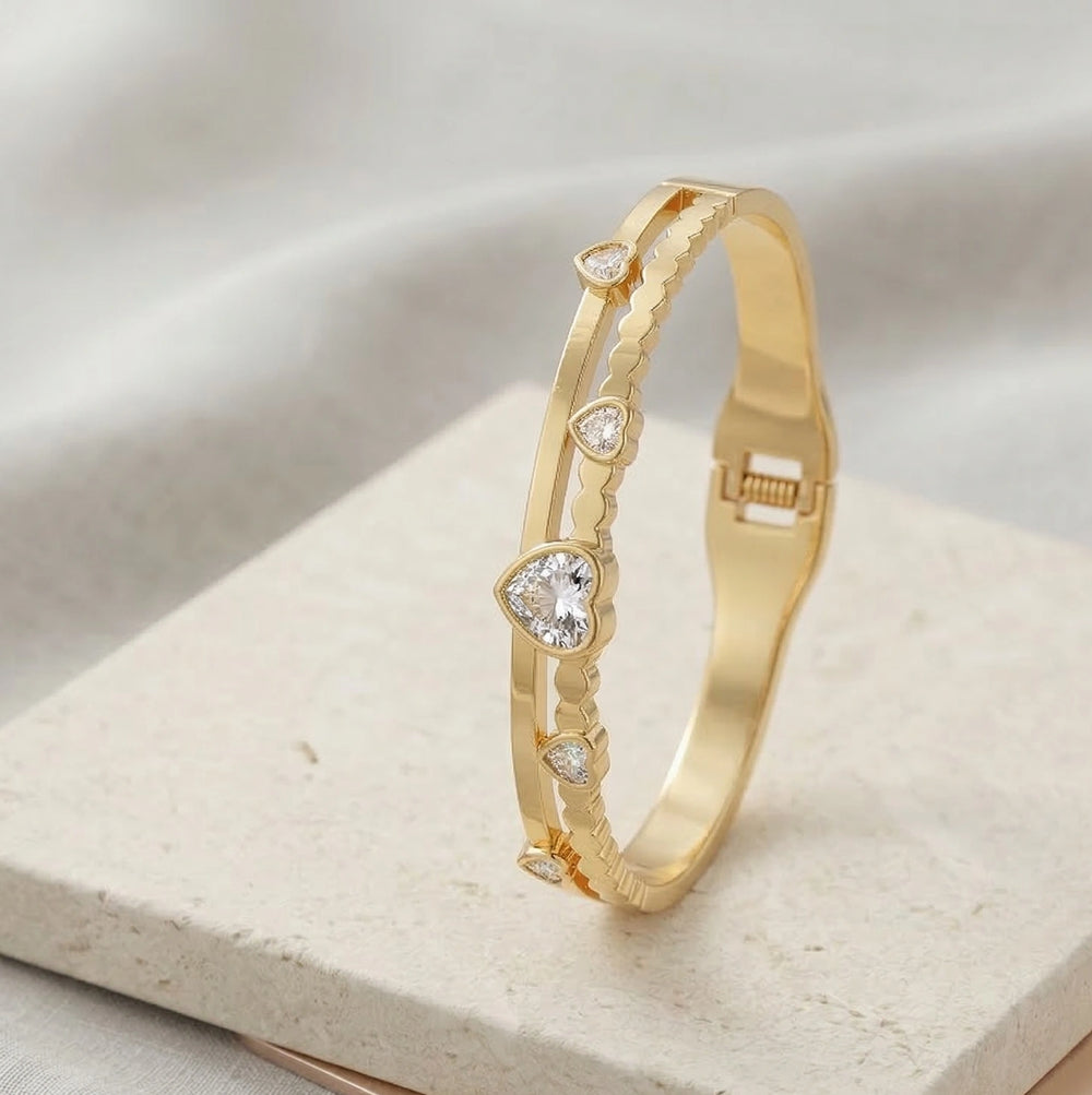 Crystal Heart Gold Bangle Bracelet for Women - Premium Designer Jew