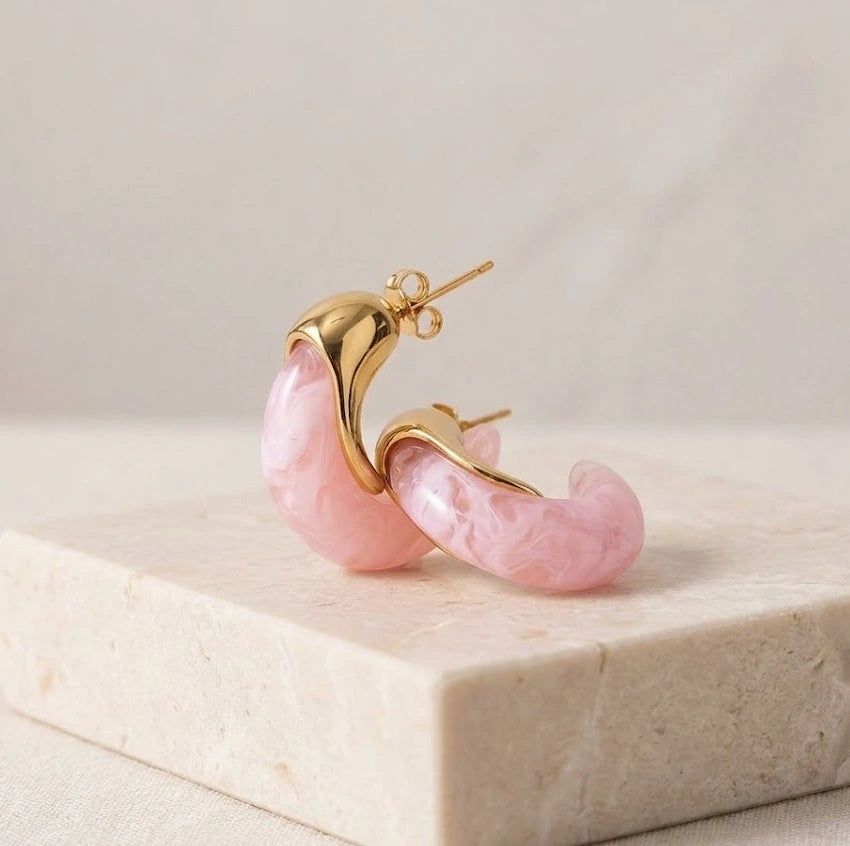 Pink Resin Statement Hoop Earrings - Dual Tone Chunky Fashion Jewelry