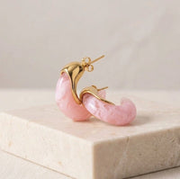 Pink Resin Statement Hoop Earrings - Dual Tone Chunky Fashion Jewelry
