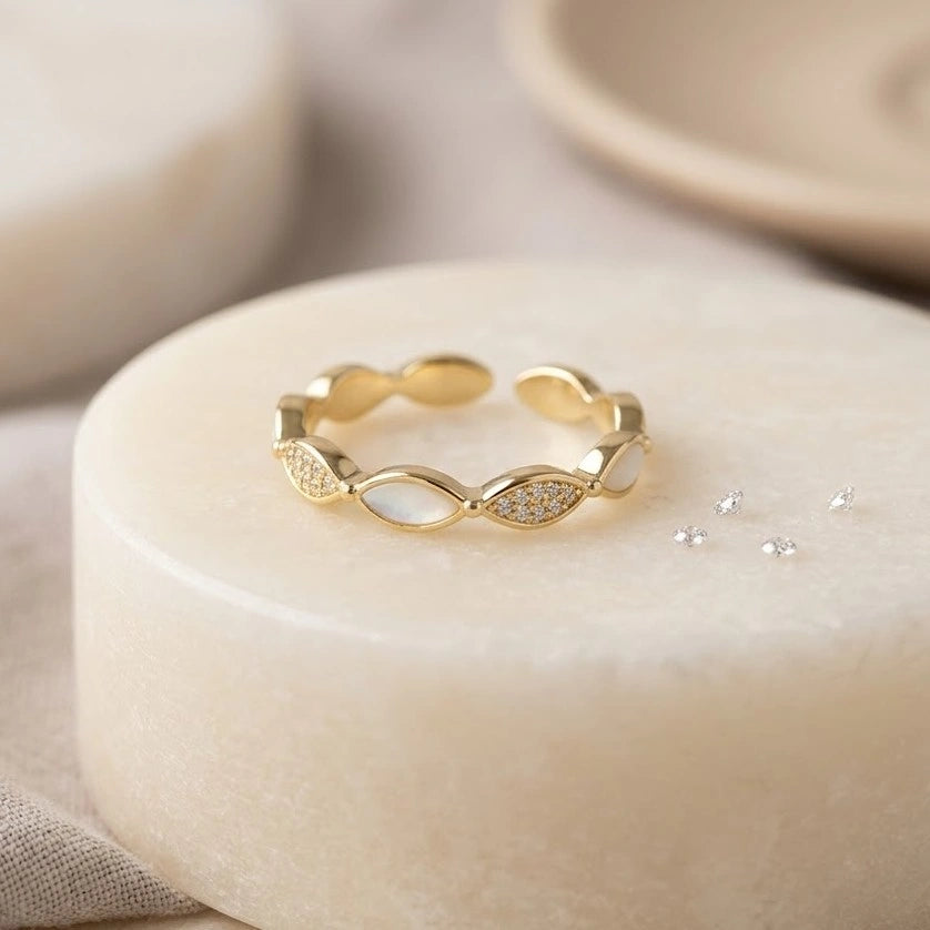 Dainty Gold Marquise Pearl & CZ Fashion Ring - Minimalist Korean Style