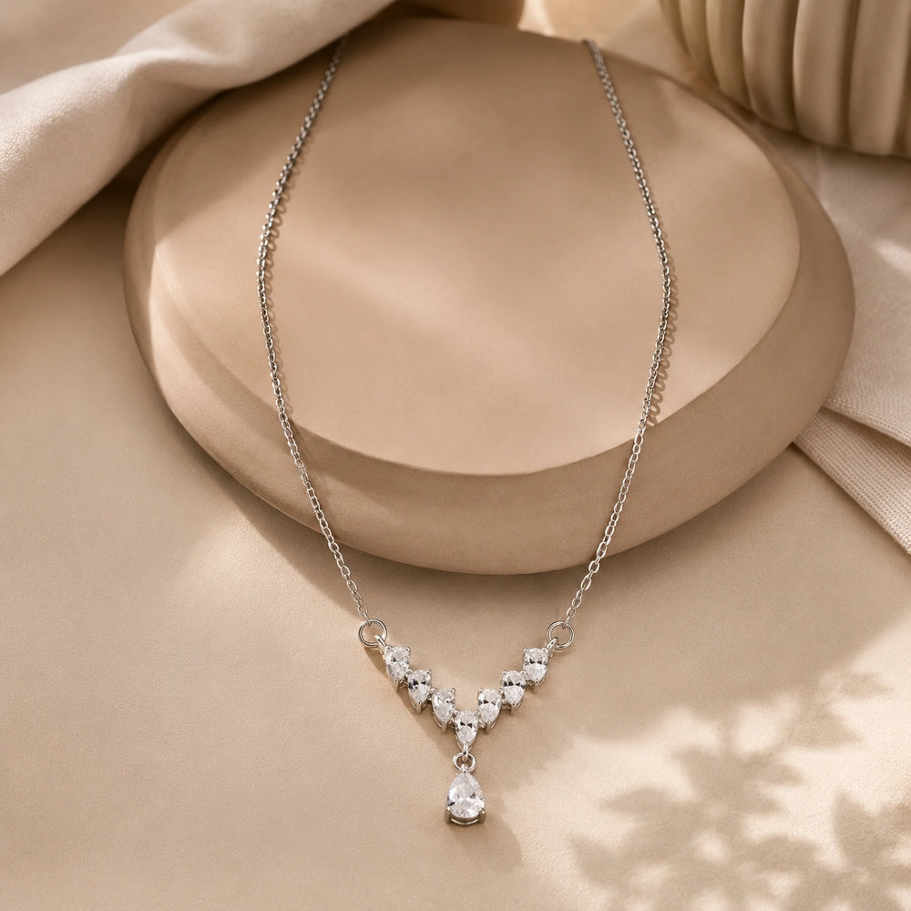 Silver Zircon Teardrop Necklace | Minimalist V-Shape Pendant