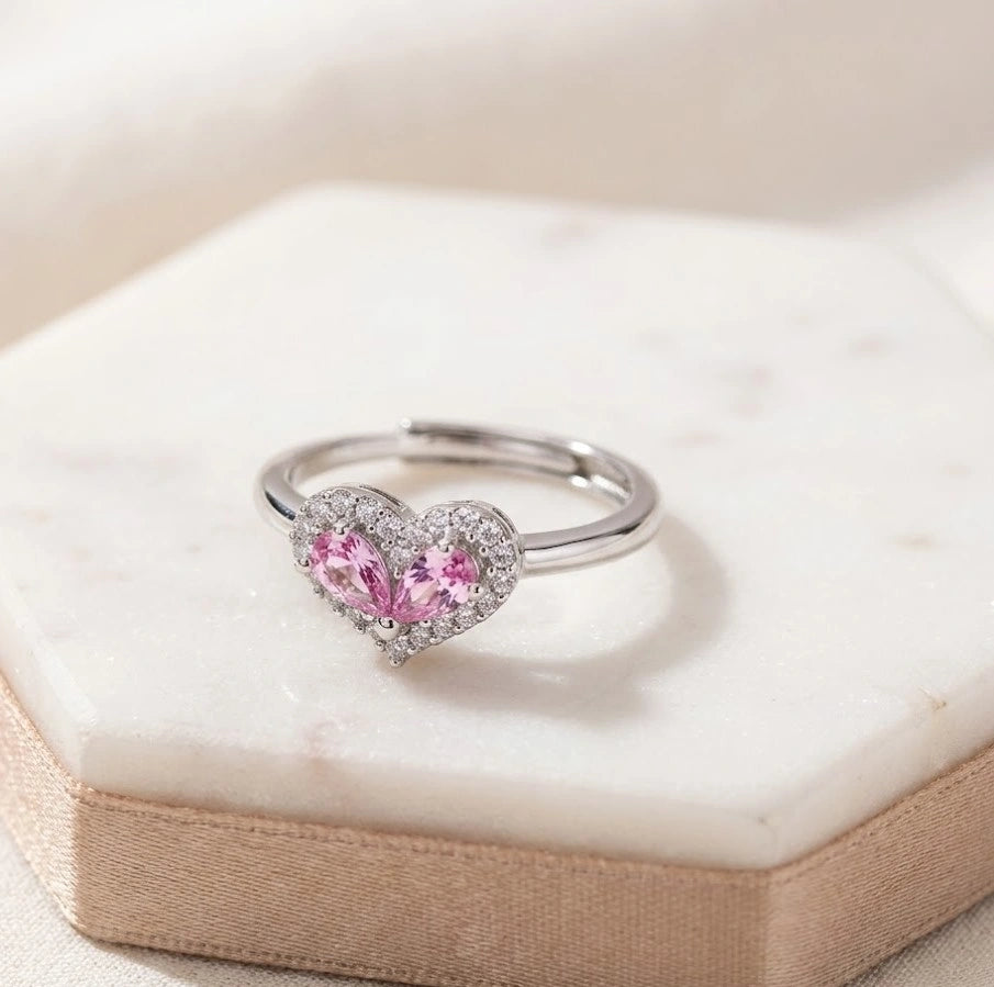 Pink Heart Halo Fashion Ring - High-Quality Silver Tone