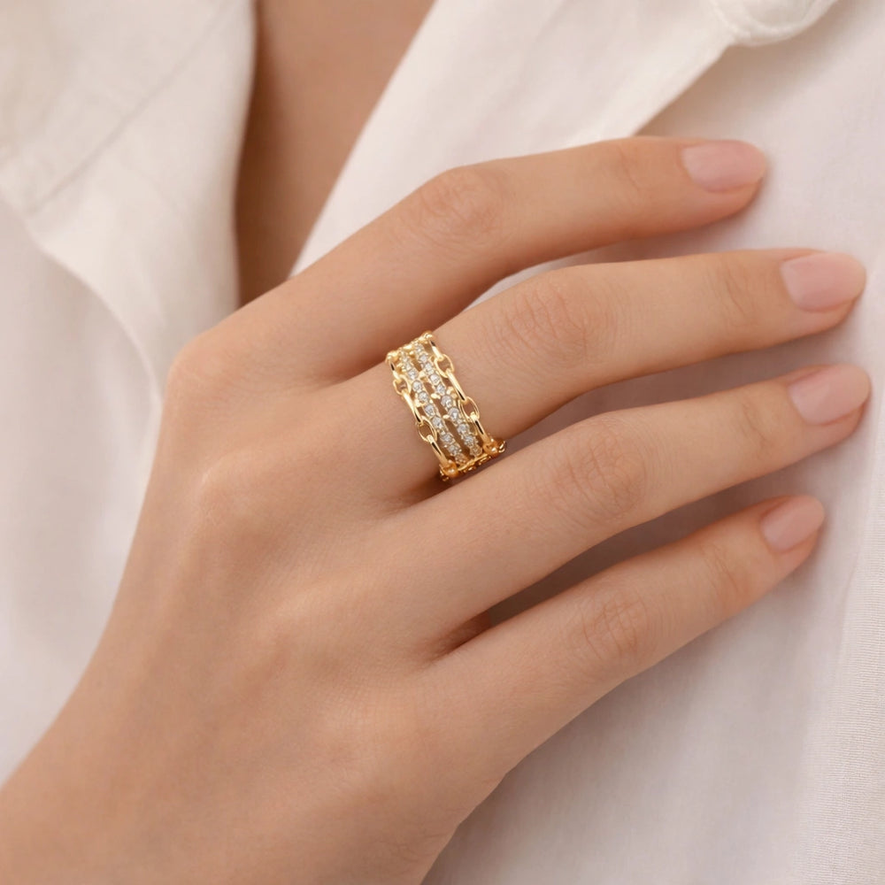 Layered Chain Link Pave Ring - High Quality Gold Fashion Jewelry