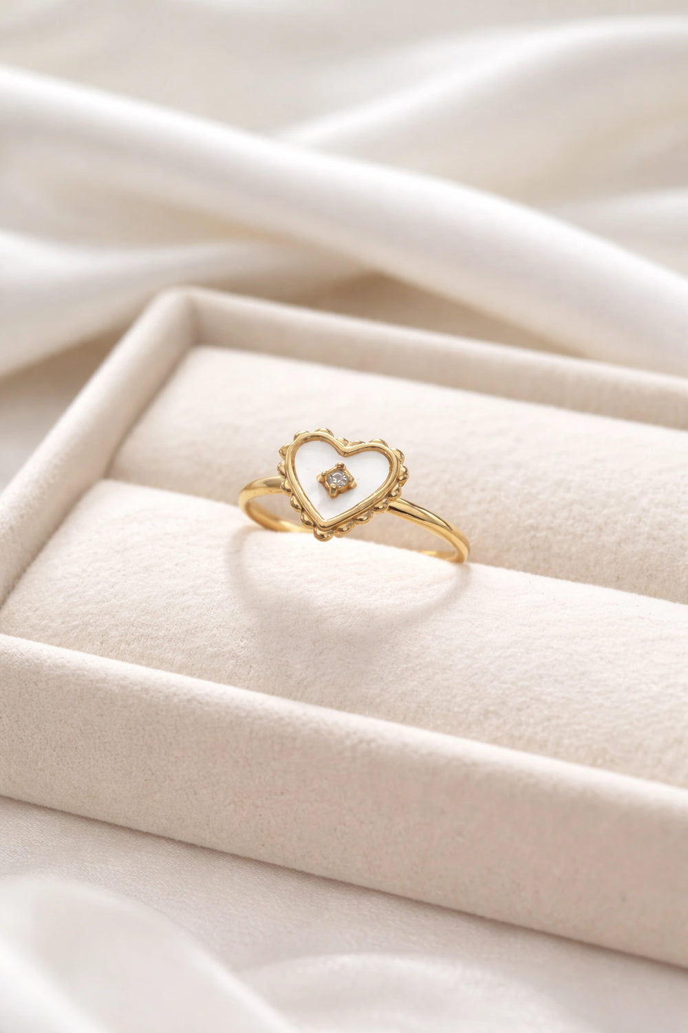 Dainty Gold Heart Adjustable Fashion Ring - White Pearl Inlay
