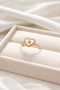 Dainty Gold Heart Adjustable Fashion Ring - White Pearl Inlay