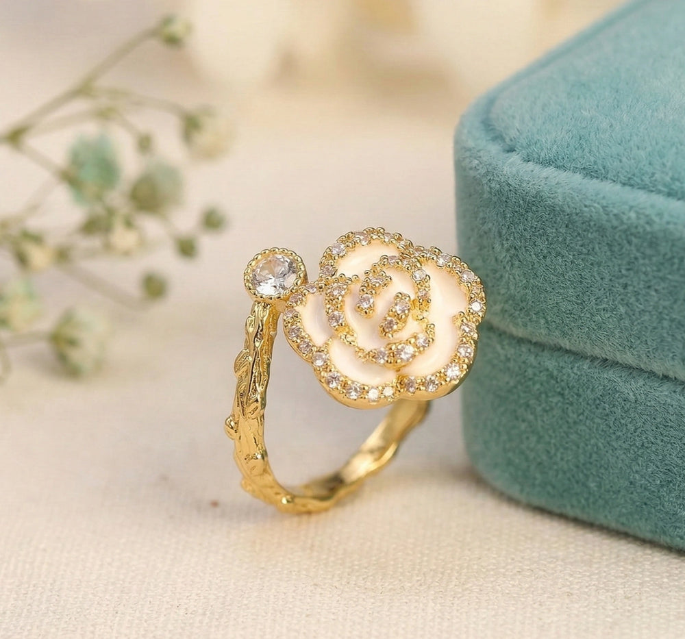 White Floral Gold Statement Ring | Premium Fashion Jewelry for Women