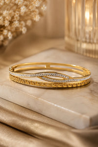 Anti-Tarnish Greek Key & Zircon Wave Gold-Plated Bangle Bracelet