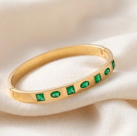 Emerald Green Stone Anti-Tarnish Fashion Bracelet - Hinged Bangle