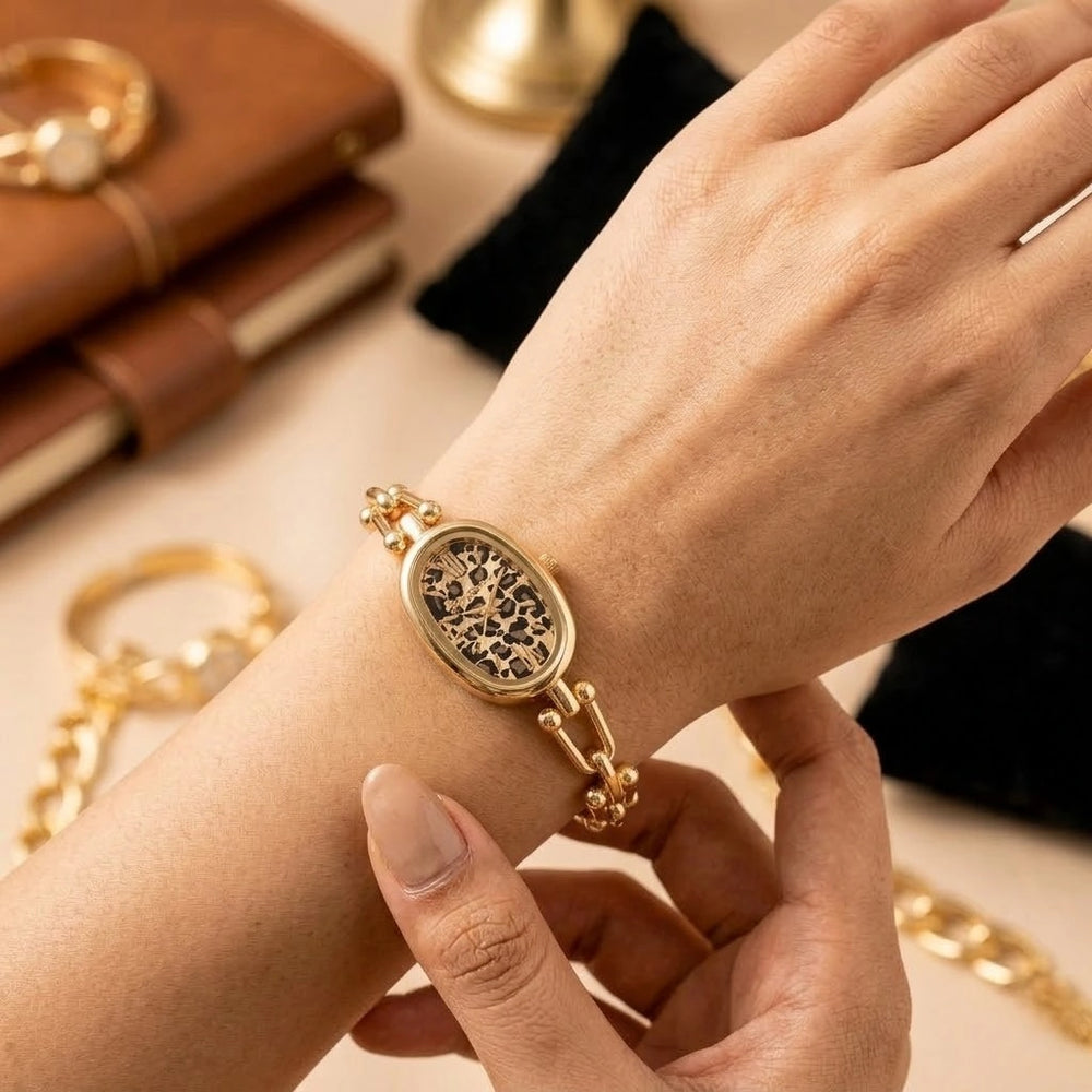 Vintage Leopard Dial Anti-Tarnish Gold Plated Chain Watch
