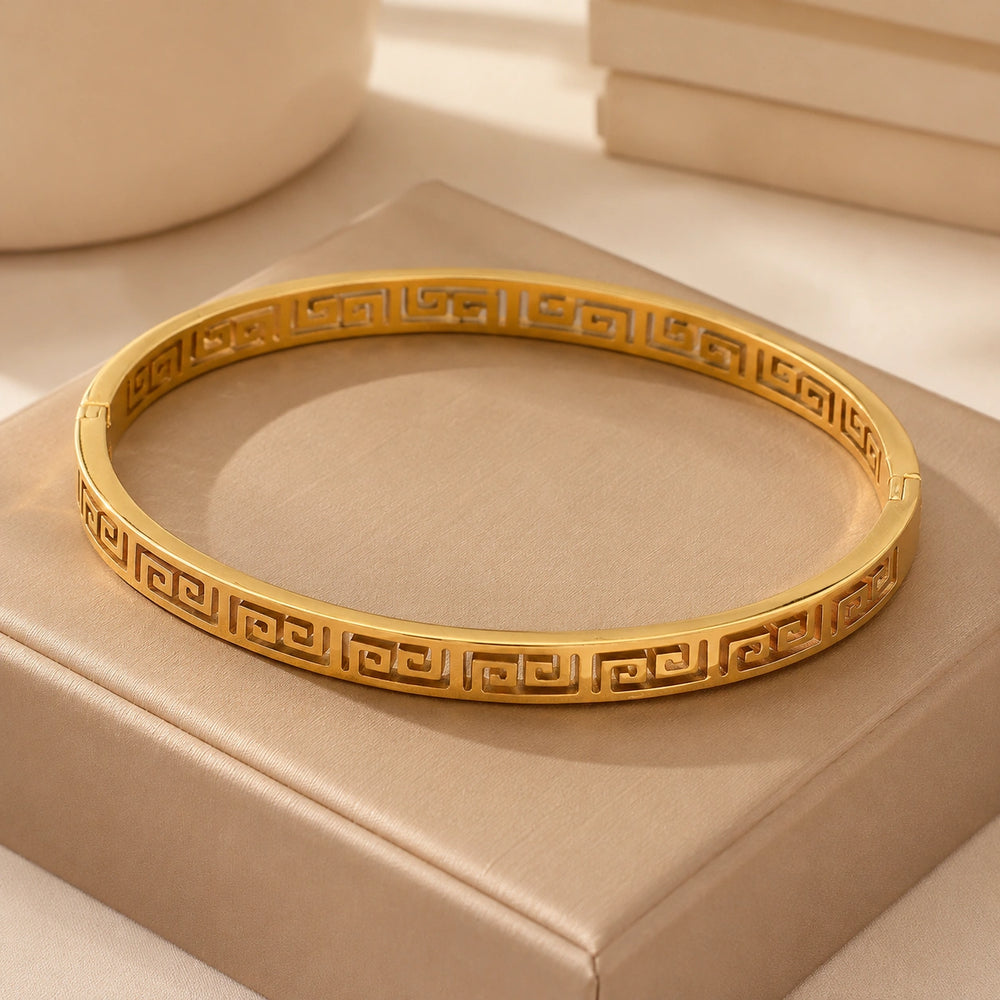 Greek Key Geometric Bangle - Anti-Tarnish Gold-Plated Bracelet