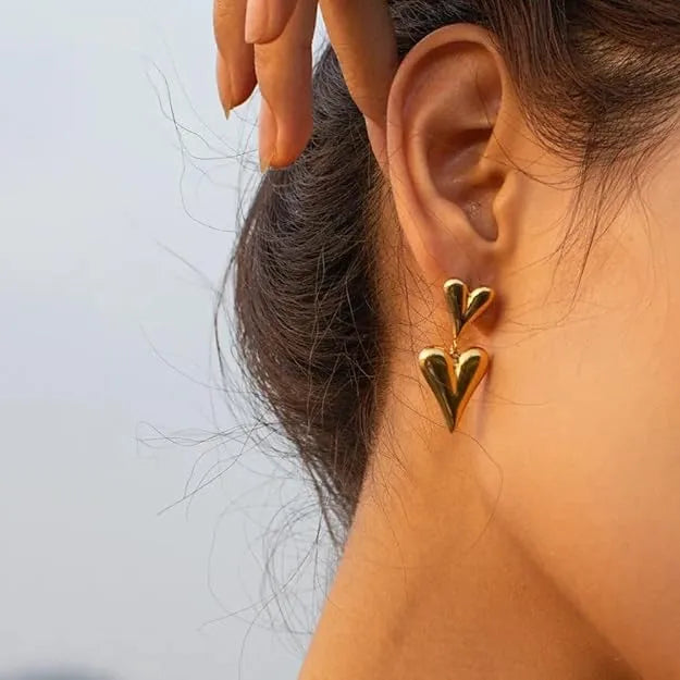 Double Heart Drop Earrings – Gold Plated Stainless Steel (Anti-Tarnish)
