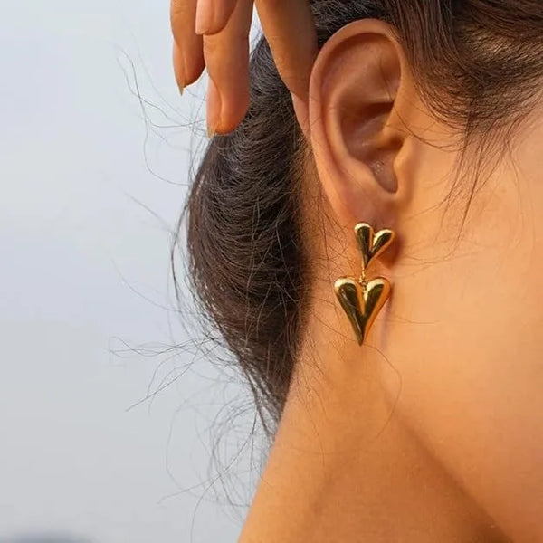 Double Heart Drop Earrings – Gold Plated Stainless Steel (Anti-Tarnish)