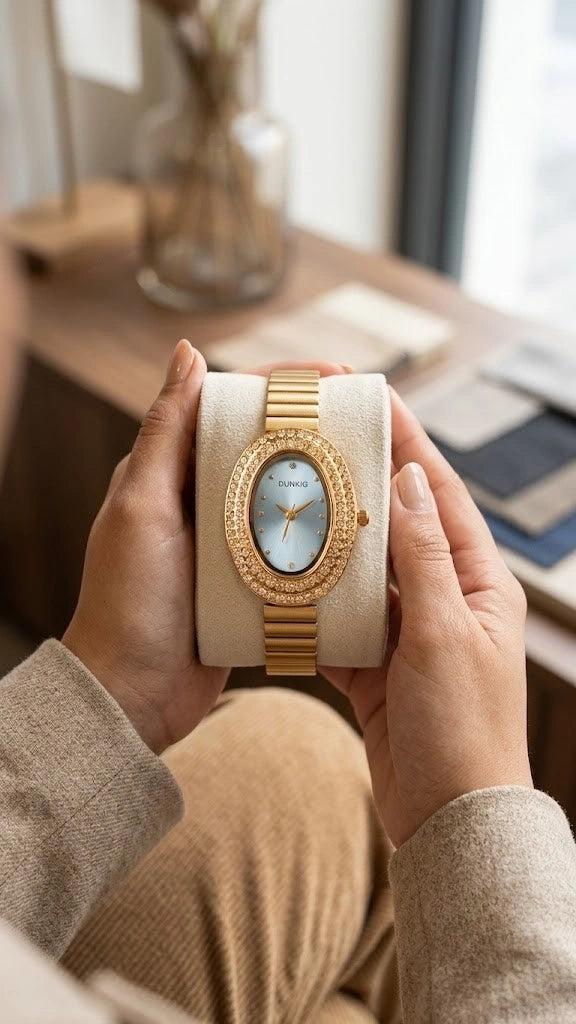 Vintage Oval Crystal Watch - Gold Plated & Ice Blue Dial
