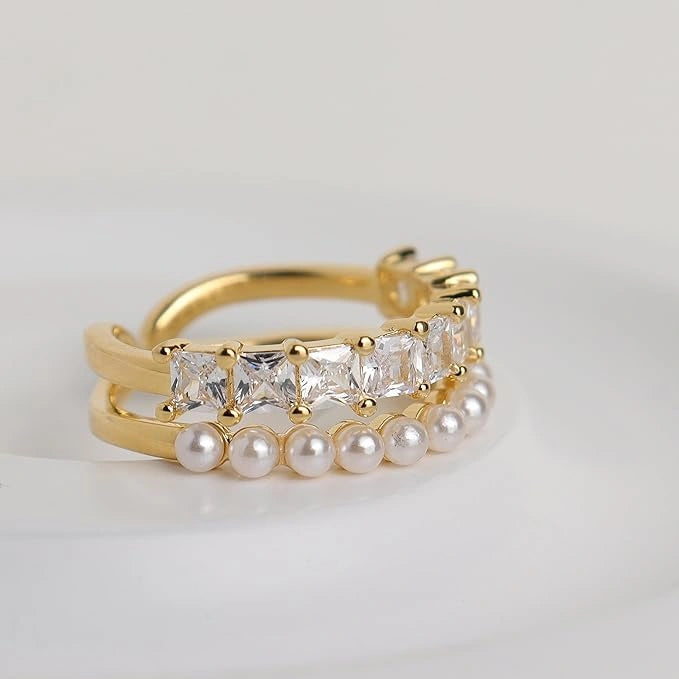 Double Layer Pearl & Crystal Adjustable Gold Fashion Ring | Korean Style Statement Jewelry