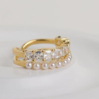 Double Layer Pearl & Crystal Adjustable Gold Fashion Ring | Korean Style Statement Jewelry