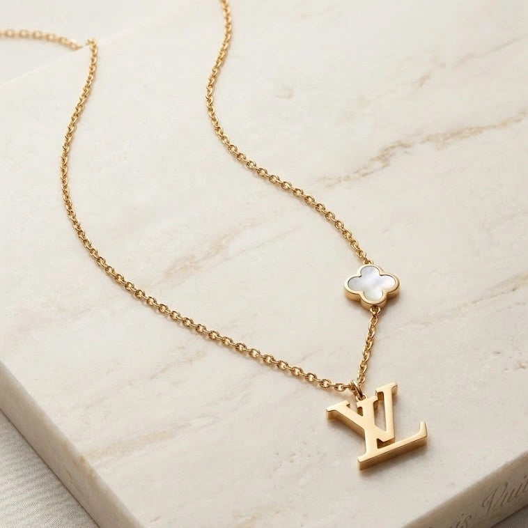 Designer Inspired Monogram Necklace with Clover Charm | Anti-Tarnish Gold Plated