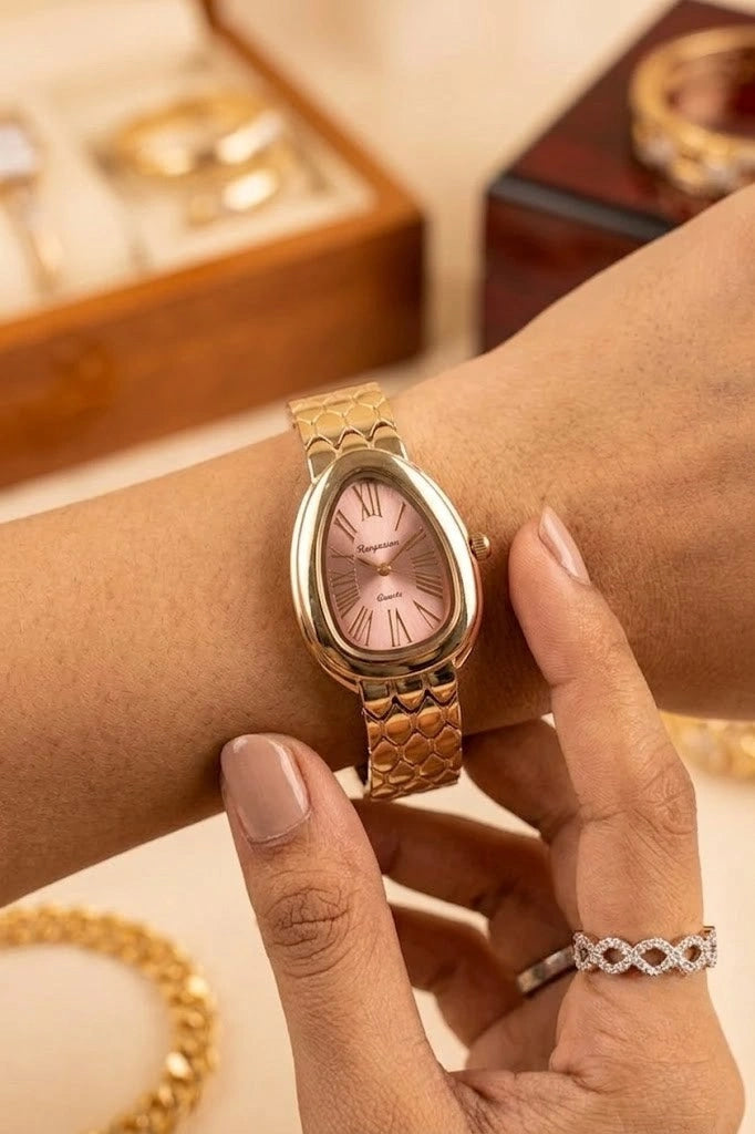 Moncheri Luxury Serpent Oval Watch - Anti-Tarnish Gold Plated with Blush Pink Dial