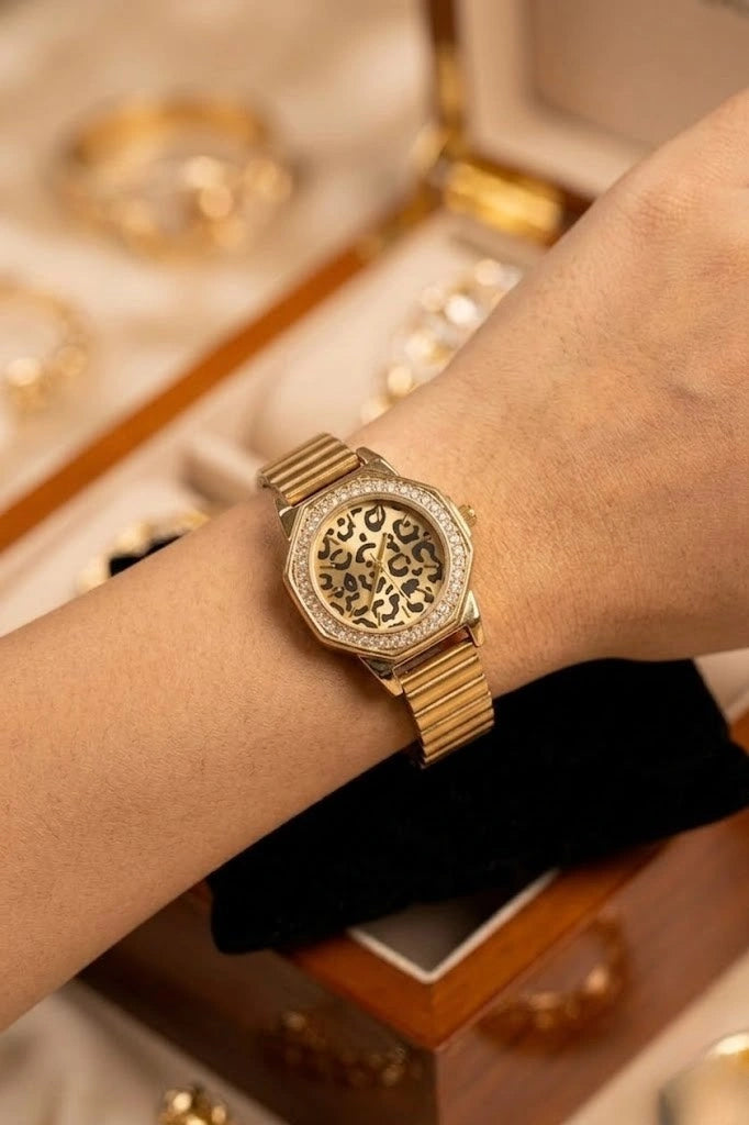 MonCheri Gold Plated Leopard Print Dial Analog Watch – Anti-Tarnish & Waterproof Accessory for Women