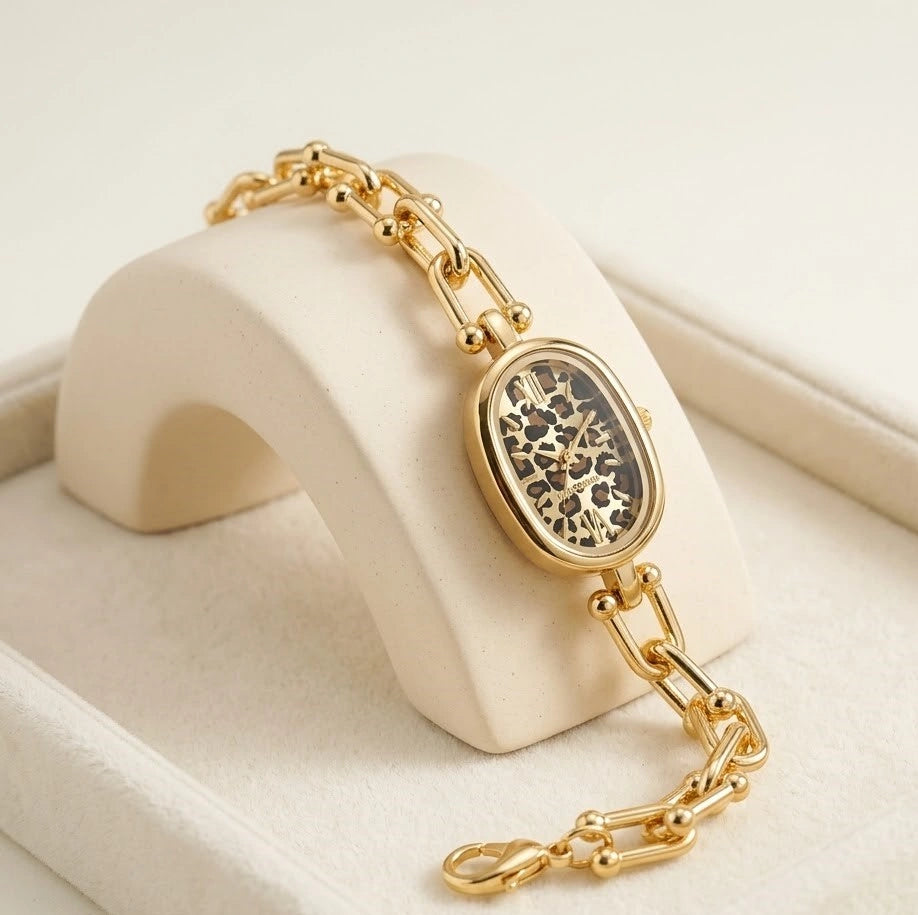 Vintage Leopard Dial Anti-Tarnish Gold Plated Chain Watch