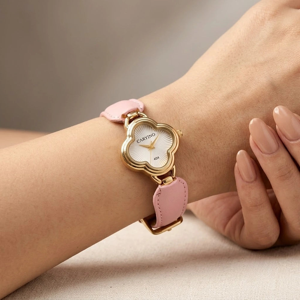 Vintage Clover Motif Watch - Anti-Tarnish Gold Plated with Pink Leather Strap