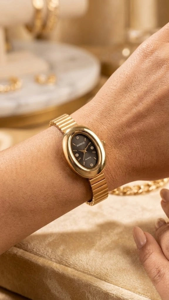 Vintage Oval Gold Plated Anti-Tarnish Watch - Black Dial Classic Luxury