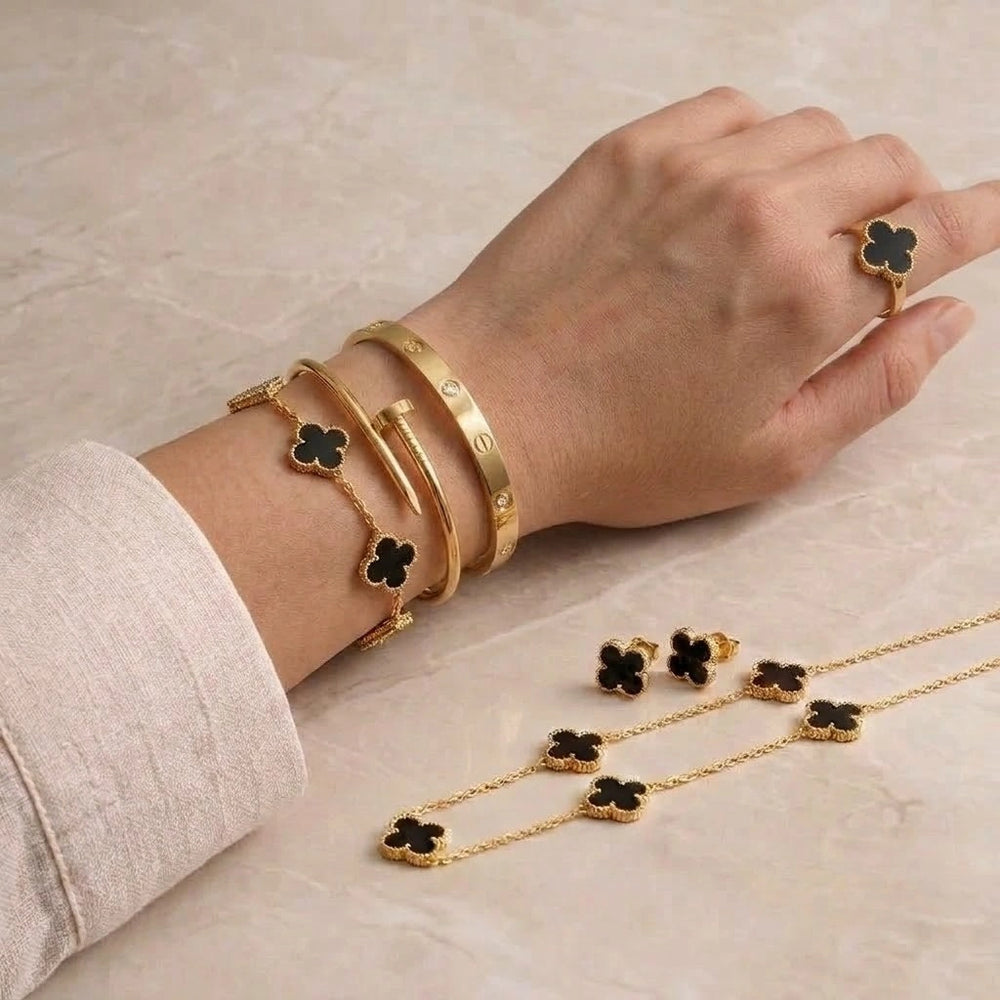 Old Money Black Clover 6-Piece Jewelry Set - Anti-Tarnish Gold Plated