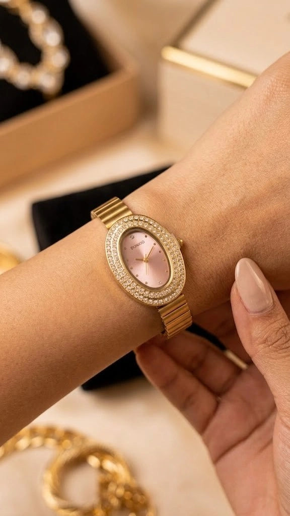 Oval Crystal Gold Plated Watch - Anti-Tarnish & Waterproof