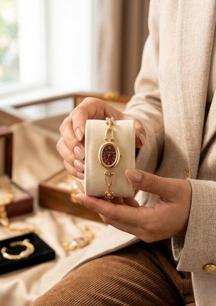 Vintage Oval Maroon Dial Anti-Tarnish Gold Plated Bracelet Watch