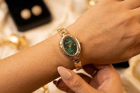 Emerald Elegance Vintage Oval Watch | Anti-Tarnish Gold Plated
