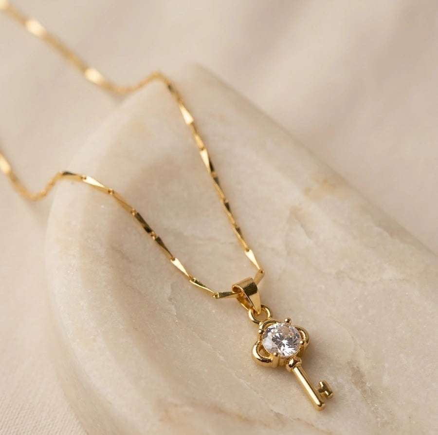 Anti-Tarnish Gold Plated Key Pendant Necklace - Minimalist Crystal