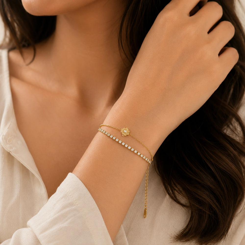 Double Layer Floral Charm Anti Tarnish Gold Plated Bracelet