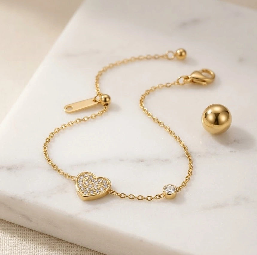 Pave Heart Charm Gold Plated Bracelet | Anti-Tarnish Minimalist Jewelry