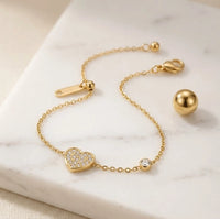Pave Heart Charm Gold Plated Bracelet | Anti-Tarnish Minimalist Jewelry