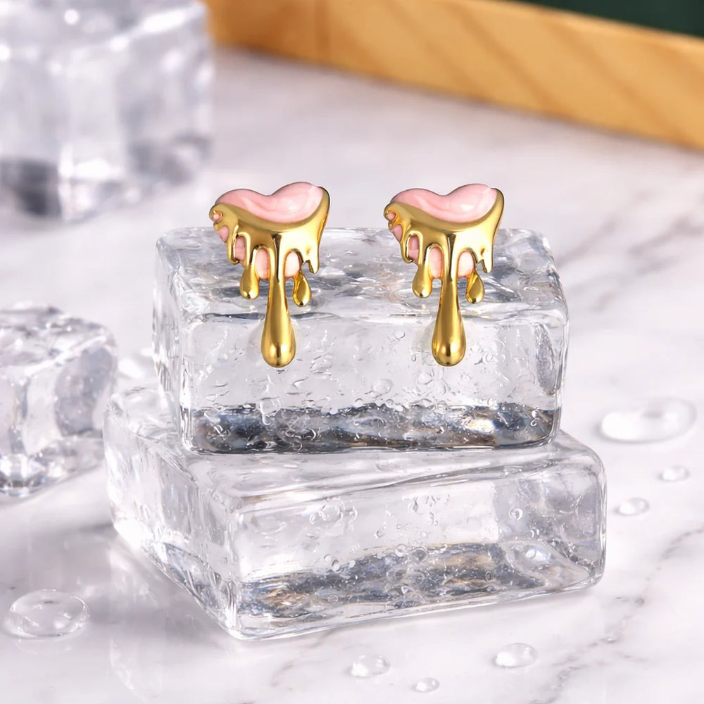Melting Heart Drip Earrings – Pink & Gold Tone Statement Jewelry – Korean Style
