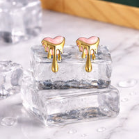 Melting Heart Drip Earrings – Pink & Gold Tone Statement Jewelry – Korean Style