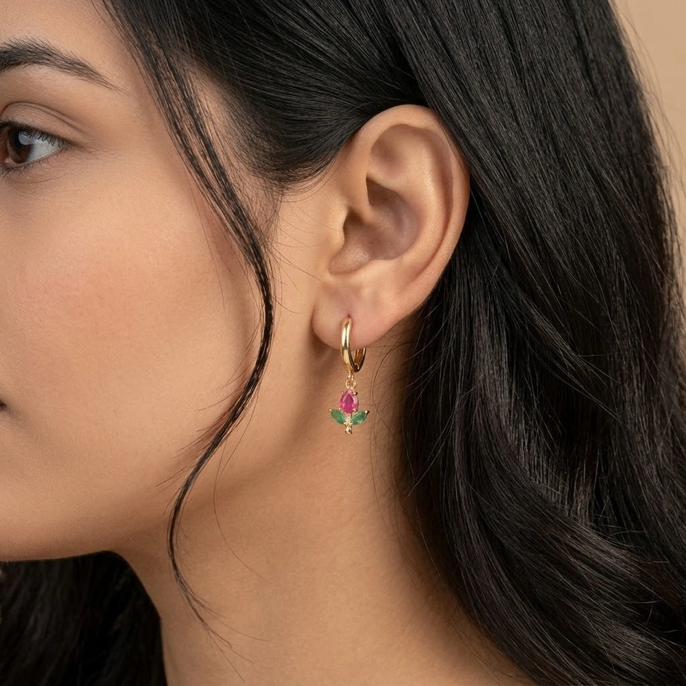 Tulip Floral Drop Anti Tarnish Gold Plated Hoop Earrings