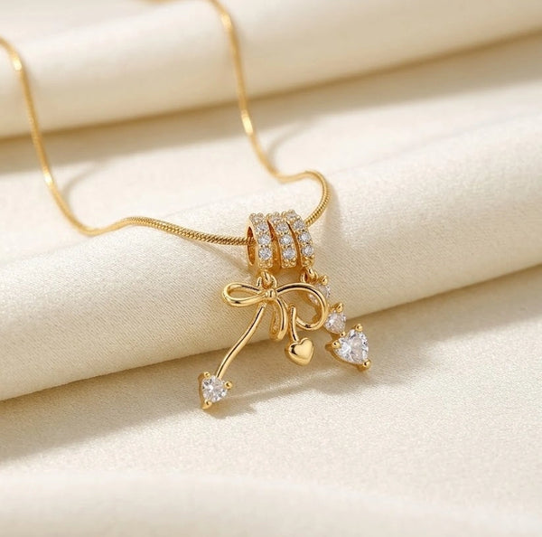 Korean Bow Heart Pendant Necklace Front View
