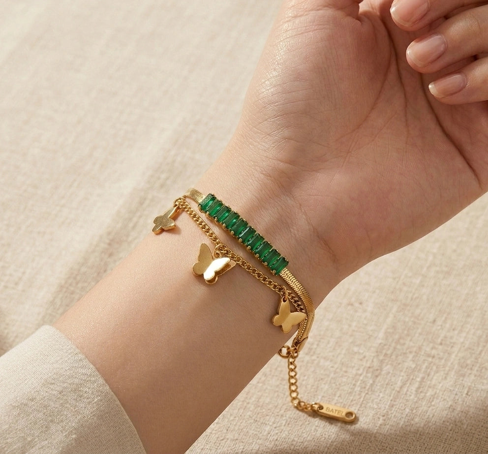 Korean Butterfly Green Stone Layered Bracelet - Anti Tarnish Gold Plated