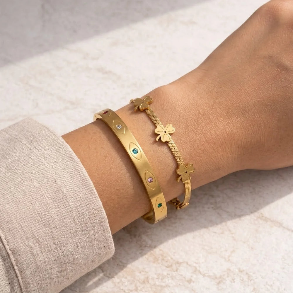 Clover & Multicolor Evil Eye Bracelet Stack - Anti-Tarnish Gold Plated