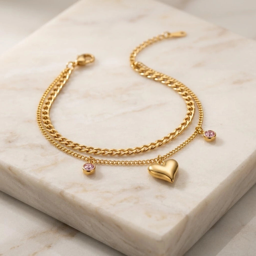 Korean Double Layer Heart & Pink Gem Anti Tarnish Gold Plated Bracelet