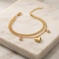 Korean Double Layer Heart & Pink Gem Anti Tarnish Gold Plated Bracelet