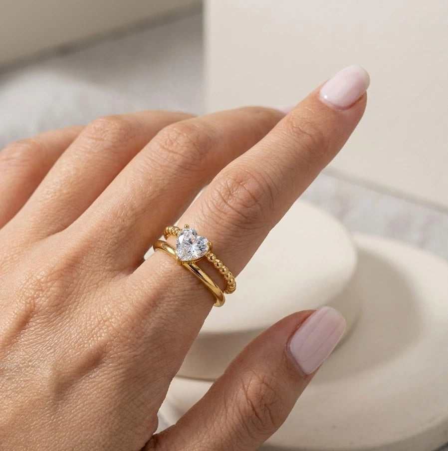 Double Layer Heart Ring - Korean Style Anti Tarnish Gold Plated
