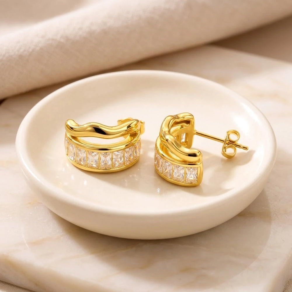 Wavy Baguette Crystal C-Hoop Earrings | Anti Tarnish Gold Plated