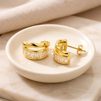 Wavy Baguette Crystal C-Hoop Earrings | Anti Tarnish Gold Plated