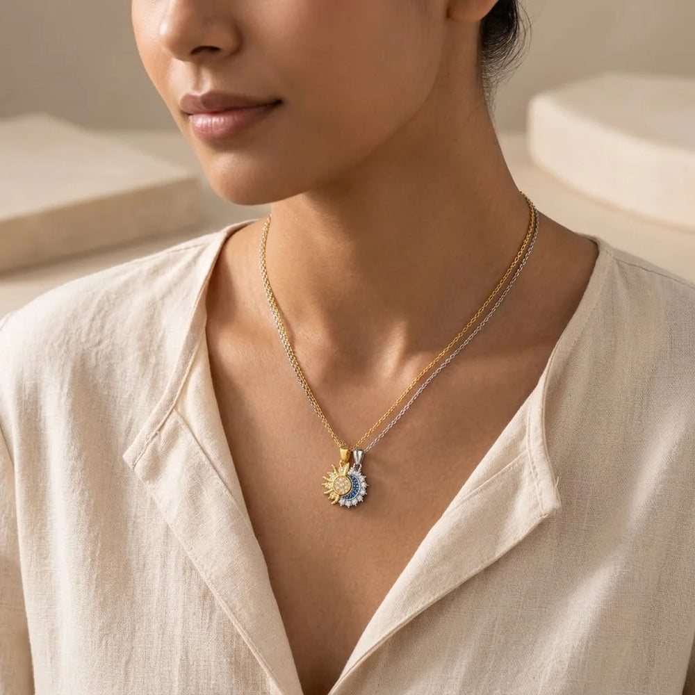 Sun and Moon Interlocking Pendant Necklace - Anti Tarnish Gold Plated